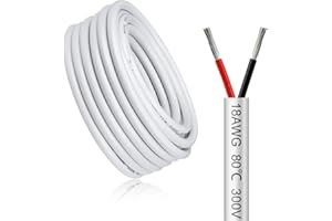 LightingWill 32.8FT/10M 18AWG 2x0.75mm² Electrical Wire 2 Core Cable, White 18 Gauge 5V/12V/24V/240V/300V Low Voltage Flexible Extension Cable, Tinned Copper Wires, High Temperature Resistant