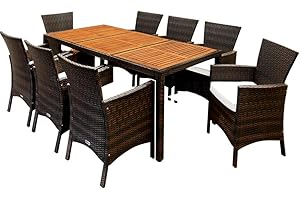 ‎CASARIA Casaria® Polyrattan Gartenmöbel Set 9 teilig Akazie Holz 8 Stühle mit 7cm Auflagen 190x90cm Gartentisch Terrasse Balkon Möbel Sitzgruppe Essgruppe Braun