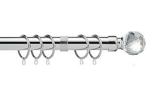 HOME TREATS Extendable Curtain Pole | Crystal Metal Curtain Pole Set 25mm | Includes Rings, Finials, Brackets & Fittings.(40cm to 144cm, Chrome)