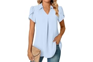 Aodemo Women Summer Dressy Collared V Neck Chiffon Pleated Blouse Short Sleeve Tunic Tops Casual T-Shirts