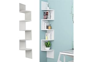 MINGYI Etagère d'angle à 5 Niveaux, Murale, en Bois MDF, Bibliothèque Suspendue, en Forme Zigzag, env. 20×20×123 cm (Blanc)