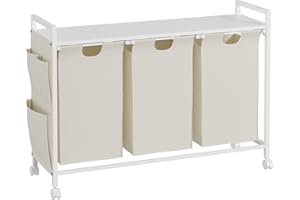 KIMENICH Wäschekorb 3 Fächer, Wäschesammler mit deckel, Wäschebox mit Rollen, Aufbewahrungstasche, Haken, Wäschesack aus Oxford-Gewebe ausziehbar abnehmbar, Metallrahmen, 3 x 46 L, Weiß