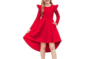 Arshiner Robe à Manches Longues pour Fille Automne-Hiver Robe de Soirée Trapèze Col Rond à Volants Enfant Tenue Décontractée avec Poche
