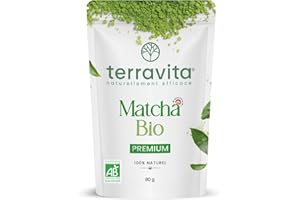 Thé Matcha BIO 80g | Grade Premium Japonais | Faible Amertume | Récolté à la Main au Japon (Shizuoka) | Poudre de Thé Vert Matcha Antioxydant | Pureté Exceptionnelle | Sachet Refermable | Terravita