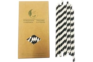 BOFA ECO TABLEWARE Jednorazowe słomki papierowe do picia w czarne paski, 100 sztuk biodegradowalnych słomek papierowych w czarne paski do restauracji, soków, koktajli