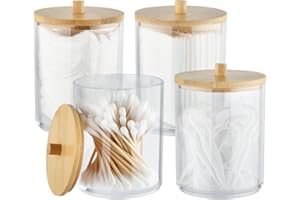 TIMESETL 4x10 Oz Cotton Swab/Ball/Pad Holder, Clear Plastic Apothecary Jar Set for Cotton Ball, Swab, Round Pads, Floss, Cotton Bud Holder, Clear Plastic Jars with Lids