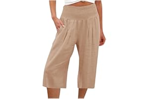 KUIH 3/4 Shorts for Women UK Summer Comfy Cotton Linen Shorts Wide Leg High Waist Straight Shorts with Pockets Hiking Outgoing Shorts Trousers Breathe Beach Shorts UK Size 8-18