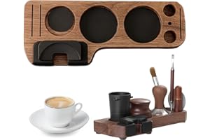 MOMAHUA Tamper à café en bois, station de tassage pour porte-filtre de 51 mm/53 mm/58 mm, distributeur, tampon, écran de palette, brosse de nettoyage, support d'accessoires de café en bois de noyer
