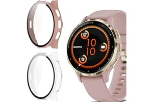 KUSINHOKA [2 Pack Funda para Garmin Venu 3S, Carcasa Anti-Choque con Protector de Pantalla Cristal Templado, HD [Anti-Arañazos] Protección Completa Duro PC Funda, Rosa + Transparente