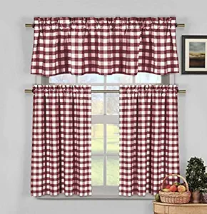 HOME MAISON - Kingston Checkered Kitchen Window Curtain Tier Valance Set, 2 29 x 36 | 1 58 x 15, Red & White