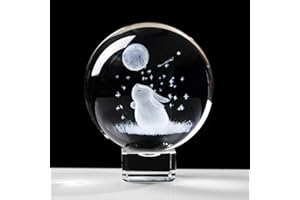 MOVDYKA 6cm/2.36 in. Crystal Ball 3D Rabbit and Moon Ornament Gifts, Engraved Glass Bunny Figurine Collectible Paperweight, Keepsake for Rabbit Lovers on Birthday Christmas