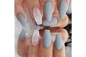 Ceboic 24 Stück Nägel Zum Aufkleben Mittel Sarg, Grau Blau Frosted Französische Kunstnägel Press on Nails Rosa Glänzend Ballerina Künstliche Nägel, Acryl Full Cover Fingernägel Fake Nails für Frauen
