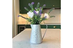 CAROUSEL HOME AND GIFTS 38cm Artificial Flower Arrangement Ivory Rose And Lavender Flower ~ Faux Floral Home Decoration - Vintage Heart Metal Jug Vase