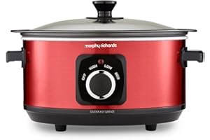 Morphy Richards Accents 3.5L Sear & Stew Slow Cooker, Shatter Resistant Non Stick Aluminium Pot, Single Pot Cooking, Compact, 3 Heat Settings, Hob Proof, Glass Lid, Easy Clean, 163W, Red, 460026
