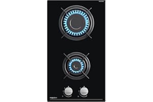 Magicplux Plaque de Cuisson Gaz 2 Feux, Plaque Gaz 2 Feuxs Encastrable 30cm en Verre Noir, Gazs Ville et Bouteille, 4300W, Sécurité Thermocouple