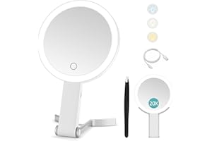 ‎B BEAUTY PLANET Cosmetic Mirror with Lighting, Travel Mirror with Light, Double-Sided Mirror with 20x / 1x Magnification, 3 Colour Lights, Dimmable Touchscreen Make-Up Mirror, Foldable, Handheld/Hanging/Table Top