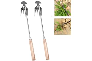 Sushi Kong Weeding Artifact Uprooting Weeding Tool, Premium Manganese Steel Forged Weed Puller 4 Teeth Dual Purpose Weeder, Hand Weeder Tool for Gardening with Long Handle (2PCS Wooden Handle 3CM)