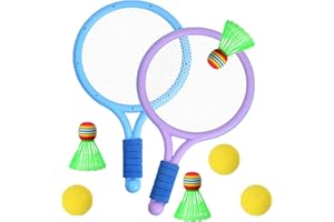 WANDERGO Kids Tennis Rackets Set, 2 Blue and Purple Plastic Tennis Rackets and 3 Shuttlecocks and 3 Tennis Balls, Kids Tennis Set for Children Indoor Outdoor Sports Games，Good Companion for Company