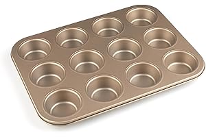 Parmedu Stampo per Muffin Standard - Piastra per Muffin Standard con 12 Cavità in Acciaio al Carbonio Antiaderente - Forme per Muffin Standard - Non Tossico e Lavabile in Lavastoviglie -Oro Champagne