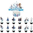Doodle Kiddo 13 Pcs Frozen Cake Topper Set - Happy Birthday & 12 Cupcake Toppers - Theme Cake Decorations for Girls Birthday Party Supplies