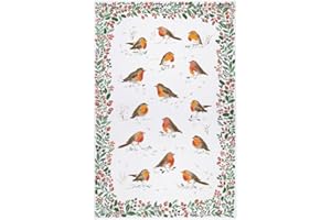 Ulster Weavers - Christmas Red Robin Tea Towel (74 x 48cm) - 100% Cotton - Washable - Christmas Berries Dish Cloths/Dish Towel - Robin Redbreast Christmas Tea Towel - Kitchen Accessories & Decor