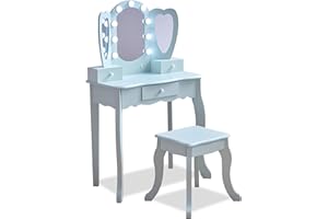 Teamson Kids Heart-Shaped Vanity in Light Blue with LED Lights, Triple Mirror, Stool & Storage Drawers, Boosts Imagination, Confidence & Organization