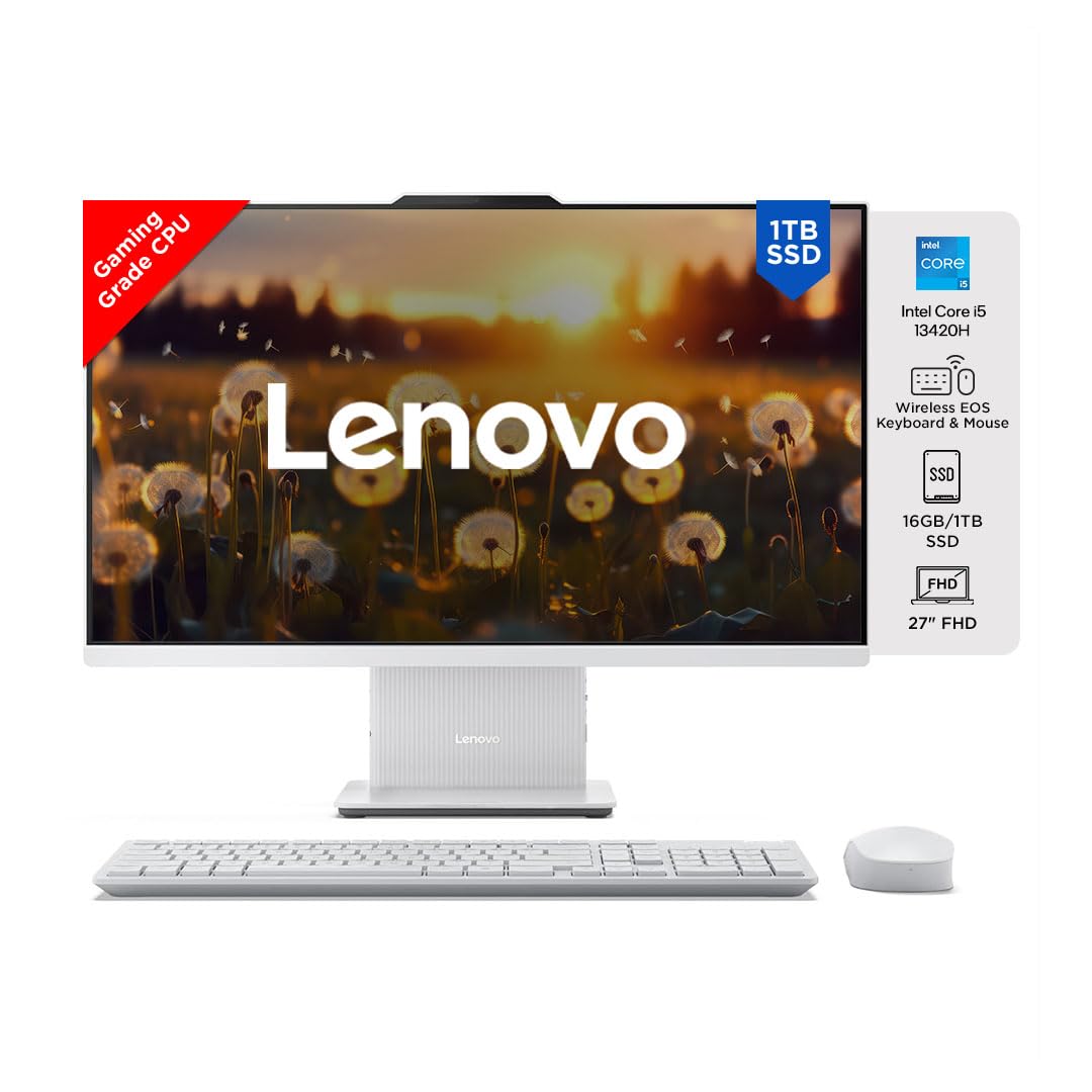 Lenovo IdeaCentre AIO Intel Core i5 13420H 27" FHD IPS 3-Side Edgeless All-in-One Desktop with Alexa Built-in (16GB/1TB SSD/Win11/Office 2021/5.0MP+IR Camera/Wireless EOS Keyboard & Mouse), F0HM003CIN