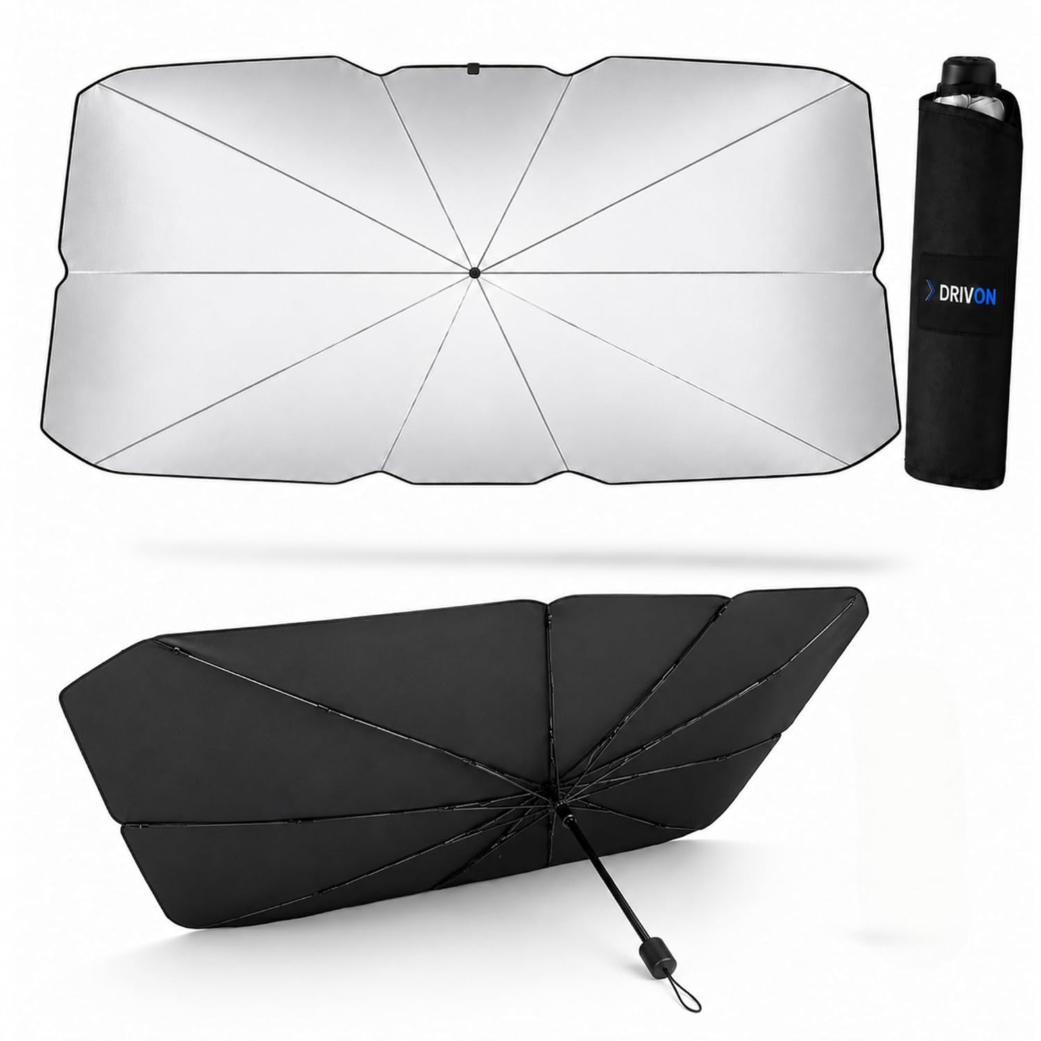 Parasol Coche Delantero Paraguas Plegable 145x80 cm - Protector Solar UV para Parabrisas, Tipo Paraguas Antirrotura, Universal Grande XXL para Sedán, SUV y Furgoneta, con Apertura Retrovisor y Funda