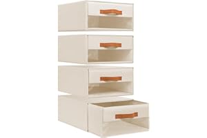 DIMJ Closet Organisers Storage Drawers - Pull-Out Storage Boxes with Drawers Foldable Stackable Storage Drawers Units with Clear Window for Bedroom, Living Room, 4-Pack, Beige