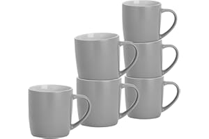 Argon Tableware 6 Piece Matt Tea and Coffee Mug Set - Modern Style Porcelain Cappuccino Latte Mugs - Grey - 350ml