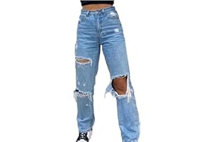 Buetory Y2K Fashion Jeans for Women High Waist Wide Leg Straight Jeans Trousers Loose Ripped Denim Pants Vintage Streetwear