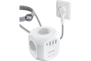 LENCENT Cube rallonge électrique multiprise 2M avec 4 Prises AC, 3 USB et 1 Type C, Fiche Plate, Protection Contre Les surtensions avec Interrupteur pour Cuisine, Bureau, Tressé Câble