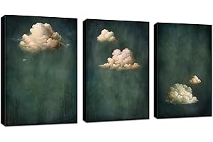 FajerminArt 3 Pcs Modern Dark Green Canvas Wall Art Minimalist Abstract White Clouds Pictures Canvas Print Paintings for Living Room Bedroom Office Ready To Hang Stretched On Frame 30x40cmx3 Pcs
