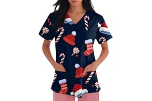 DIYIOUZHOU Christmas Scrub Top for Women Santa Printed V Neck Healthcare Xmas Holiday Tops Healthcare Nurse Uniform with Multiple Pockets
