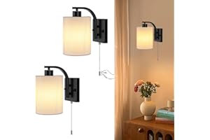 Glowlit Bedroom Wall Lights Pull Cord Wall Lights Set of 2, Indoor Wall Lamp with White Fabric, E27 40W Warm White Wall Lamp for Bedroom, Living Room, Hallway (No Bulb, Black)