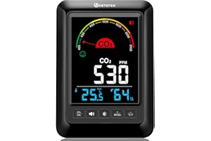 KETOTEK Monitor de CO2, Monitor de Calidad del Aire Interior con Alarma CO2, Detector de Dióxido de Carbono, Temperatura y Humedad para Hogar Oficina o Escuela