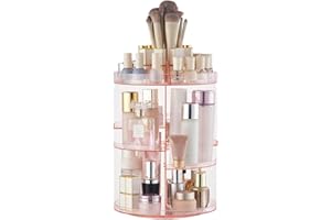 SUNFICON Rotating Makeup Organiser Pink Cosmetic Holder 360 Degree Spining Makeup Storage Box Display Stand Adjustable Tray for Vanity Acrylic Clear