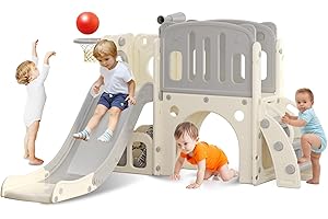 hoopyosms Scivolo per Bambini con Scala da Arrampicata, Canestro da Basket e Tunnel, Set di Scivolo in Plastica per Interni per Bambini, Giochi Montessori per Parco Giochi, Grigio