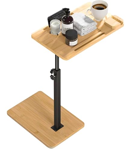 Table D'Appoint Rotative En Forme De C En Bambou - Hauteur Réglable De 42 à 82 Cm - Pour Canapé, Lit, Baignoire