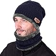 Zibuyu® Winter Cap for Men, Women Warm Knitted Cap with Neck Gaiter Knitted Scarf, Warm Winter Cap Scarf Set Beanie Cap Neck Warmer Scarf Winter Cap and Neck Warmer (Navy Blue)