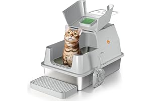 EOSARCU Stainless Steel Cat Litter Tray with Lip, Large Enclosed Litter Box, Cat Litter Box Tray for Medium Large Cats, Easy Clean, Odor Control, 180° Flip-Top - Grey
