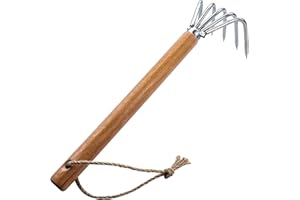 GAOGE Hand Rake, Steel Digging Tool with Wooden Handle for Garden Transplanting, Precision Digging, and Soil Leveling, Long handle / 5 Long spike, silver