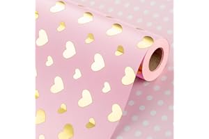 Wikadlik Gold Shine - Carta da regalo a forma di cuore, reversibile, motivo a pois rosa, per San Valentino, matrimonio, compleanno, addio al nubilato, 43 cm x 10 m