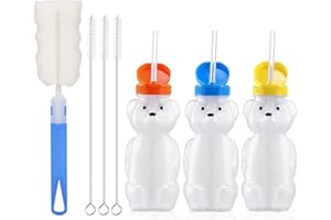 ZGDEIWGF 3 Pièces De Bouteilles En Paille D'Ours, 1 Brosse À Éponge, 3 Brosses À Paille, Design Mignon, Adapté Aux Enfants, 230 Ml, Jaune, Bleu, Orange