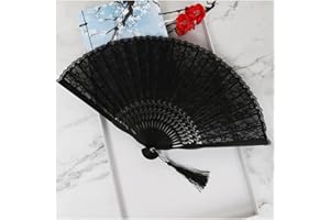 MeiYeAE Handfächer Spitze Eastern Wind Faltfächer Vintage Stil Hochzeit Fächer Braut Holz Gross Personalisiert Lace Dekofächer mit Quaste für Hochzeit Halloween Zubehör Party Schwarz
