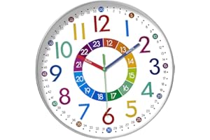 KIPIDA Children's Wall Clock Silent No Ticking 30 cm Clock Children's Room Digital Battery Operated Learning Clock Modern Colourful Children's Wall Clock Learning Clocks for Children's Room Living