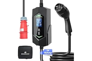 DREAMDASH Cargador Coche Trifasico 11kw, Cable Carga 7m, Tipo 2 (IEC 62196-2) al Enchufe Rojo CEE 16A 5 Pines, Ajustable 6-16A 1-12h, IP65 Trabajo -30 ℃ a 50 ℃, Cargador EV portátil para BEV y PHEV