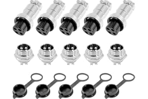 Elecbee 5PCS GX16 4pin Aviation Connector Male Female Plug Socket Kit,Circular Female Plug and Male Socket Adapter, GX16 Metal Thread Type Male Female Panel Mount Connector with Rubber Cap for Cable