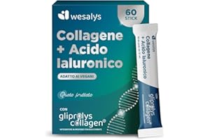Collagene da Bere - Collagene e Acido ialuronico Integratore, 60 Stick con Gliprolys® Collagen liquido Idrolizzato Vegano per Pelle, Capelli, Articolazioni. Con Biotina e Vitamina C. Wesalys