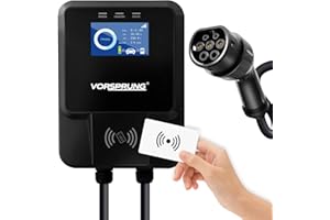 Vorsprung® Oasis RFID Card EV Charger Wall Box - LCD Smart Display -5 Metre Cable Type 2 Wallbox unit electric station, 7.4kW, 32Amp, IP55 rated indoor/outdoor home car charging point - UK Design